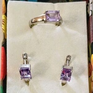 New Sterling Silver 925 Genuine Purple Amethyst Earrings & 8.5" Ring Set